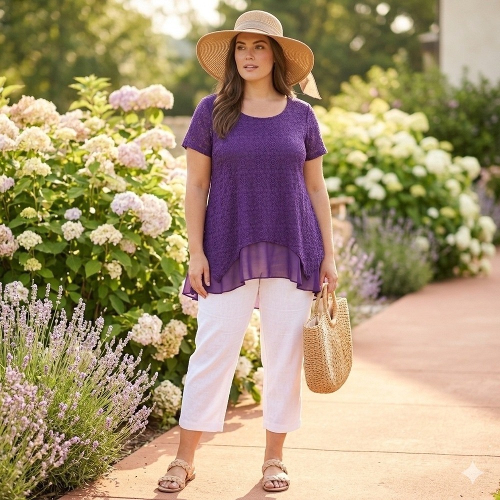 Simply Emma Tunic Women 1X Purple Lace Layered Asymmetrical Hem Boho Romantic